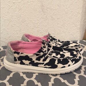 Hey Dude Kids Moccasins with Cow Print and Pink Lining